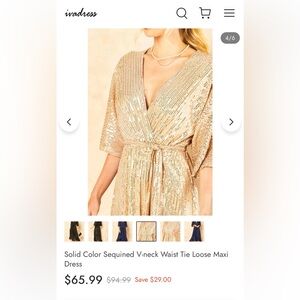 Gold - New, Never Worn - Solid Color Sequined V-neck Waist Tie Loose Maxi Dress